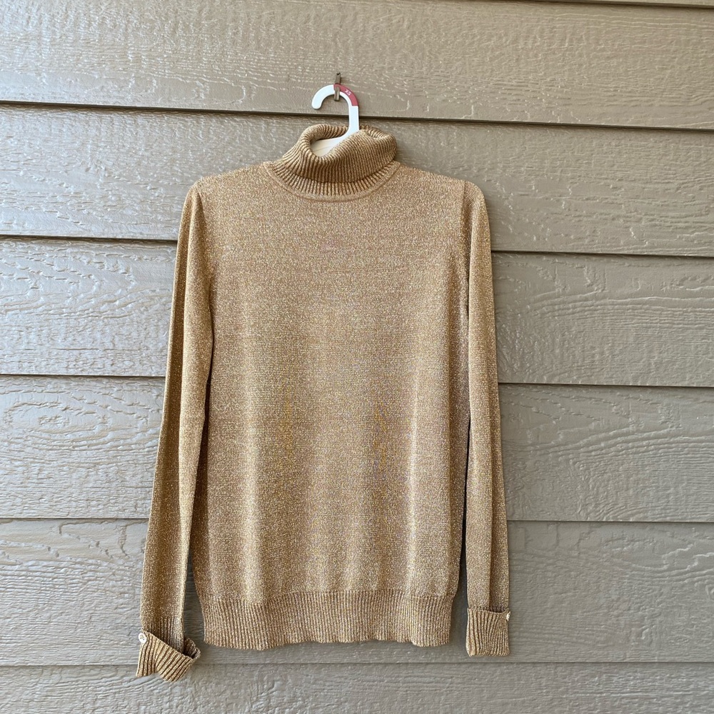 Joseph A Gold Turtleneck Sweater Womens PM Knit Rayon Metallic Pullover Top